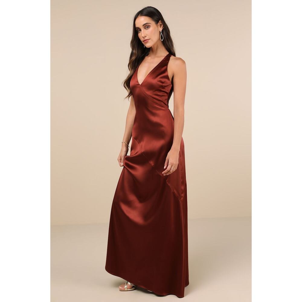 NWT Lulus Purely Elegant Rust Brown Satin Twist-Back Maxi Dress Bridesmaid Sz M - Picture 2 of 8